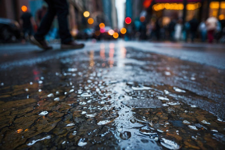 Raindrops on the wet asphalt in the city. Blurred backgroundの素材