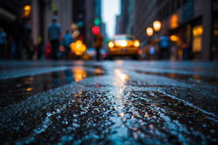 Raindrops on a wet street in New York City, USA.の素材