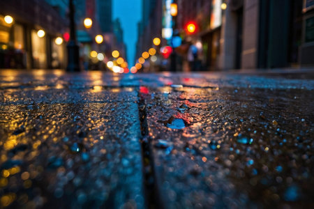 abstract background with raindrops on the pavement in the city at nightの素材