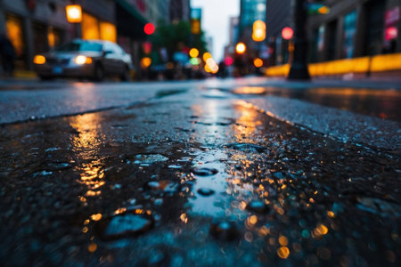 Raindrops on the asphalt in the city at night, defocused backgroundの素材