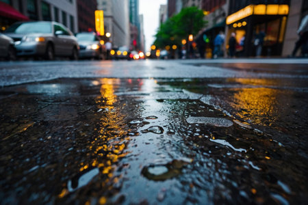 Rainy day in New York City, USA. Raindrops on the street.の素材