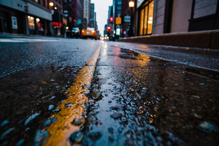 Raindrops on the road in New York City, United States.の素材