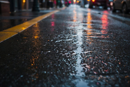 Rain drops on the asphalt in the city at night. Shallow depth of field.の素材
