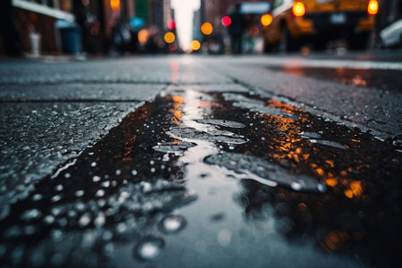 Raindrops on the asphalt in the city. Shallow depth of field.の素材
