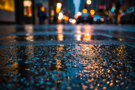 Raindrops on the asphalt in the city at night. Blurred backgroundの素材