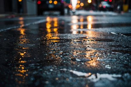 Raindrops on the asphalt in the city at night. Shallow depth of field.の素材