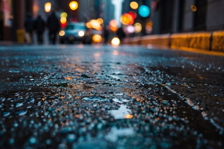 Raindrops on the asphalt in the city. Blurred background.の素材