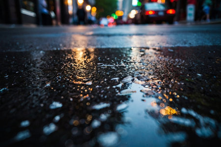 Raindrops on the asphalt in the city at night. Blurred backgroundの素材
