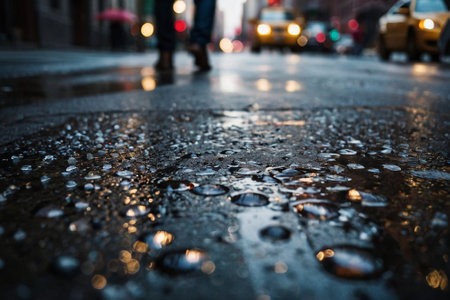 Raindrops on the asphalt in the city. Blurred background.の素材