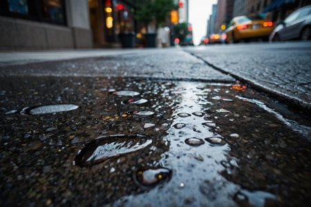 Raindrops on the asphalt in New York City, United States.の素材