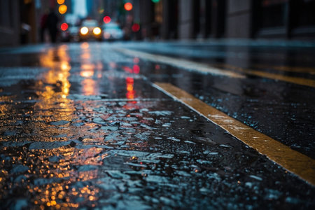 Raindrops on the wet asphalt in the city. Blurred backgroundの素材