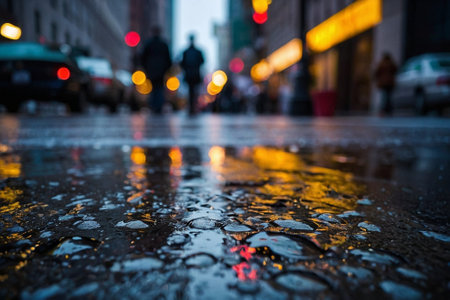 Raindrops on the road in New York City. Shallow depth of field.の素材