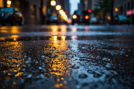Raindrops on the wet asphalt in the city at night. Shallow depth of fieldの素材