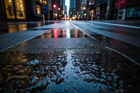 Rainy day in the city. Raindrops on the asphalt.の素材