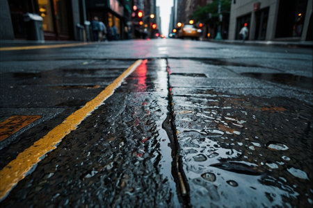 Rainy day in New York City. Raindrops on the street.の素材