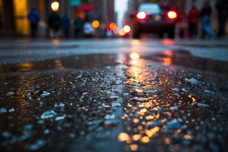 Raindrops on the asphalt in the city at night. Blurred backgroundの素材