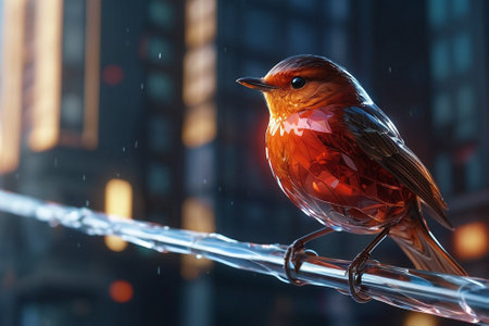 Red robin bird in the city at night, Moscow, Russiaの素材