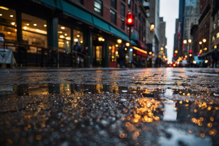 Raindrops on the street in New York City at night, USA.の素材