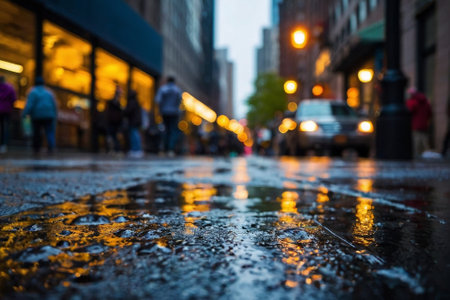 Rainy day in New York City. Raindrops on the asphalt.の素材