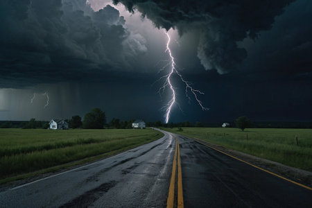 A lightning strike in the sky over a rural road in the countryside.の素材