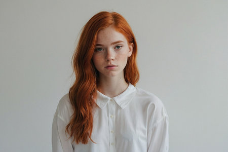 Portrait of a red-haired girl in a white shirt.の素材