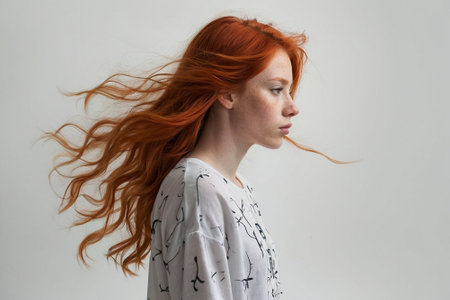 Portrait of a beautiful red-haired girl with flying hair.の素材
