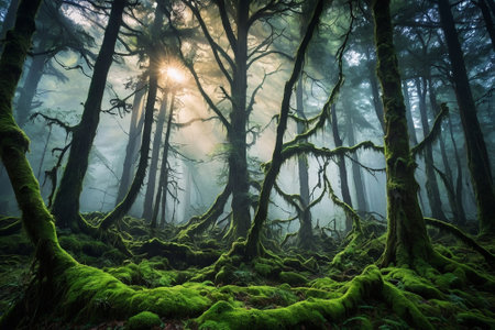 Foggy forest in the rainforest in Santa Cruz, Californiaの素材