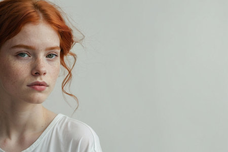 Portrait of a young red-haired girl with freckles on her faceの素材