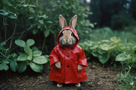 Cute little rabbit in a red raincoat on the nature.の素材