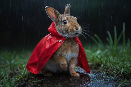 Rabbit wearing red raincoat and raincoat in the rain.の素材