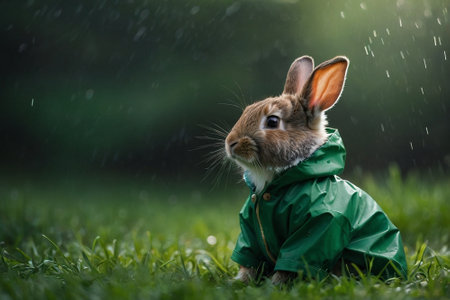 Rabbit in raincoat and raincoat on green grass background.の素材