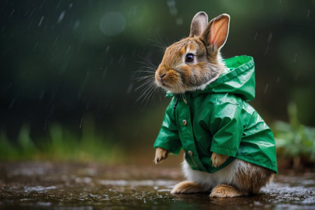 Cute little rabbit in raincoat standing in puddle on rainy dayの素材
