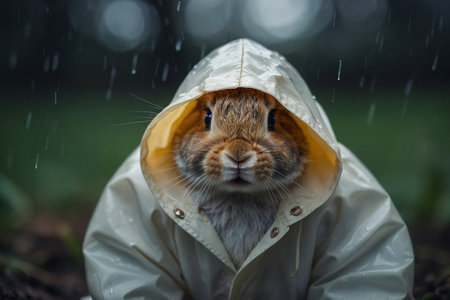 Rabbit in a raincoat with rain drops on the background.の素材