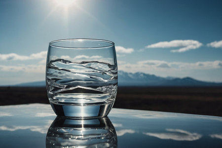 Glass of water on the table with mountain and blue sky background.の素材