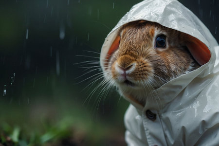 Rabbit in raincoat with rain drops on green grass background.の素材