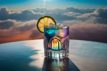 Alcoholic cocktail with blue curacao, lemon and ice on the tableの素材