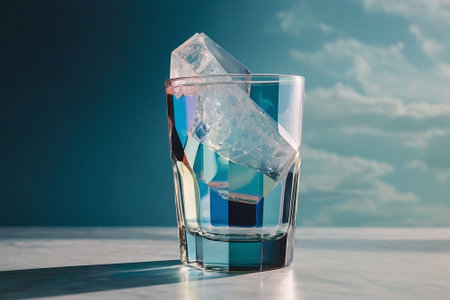 glass of water with ice cubes on the table and blue sky backgroundの素材