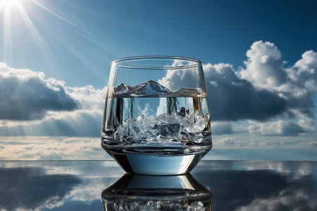 glass of water with ice on a background of blue sky with cloudsの素材
