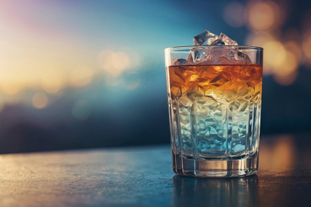 Glass of whiskey with ice cubes on a background of the sunset.の素材