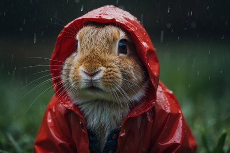 Cute little rabbit in raincoat with raindrops on his faceの素材