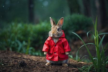 Rabbit in raincoat with raindrops on the forest floor.の素材