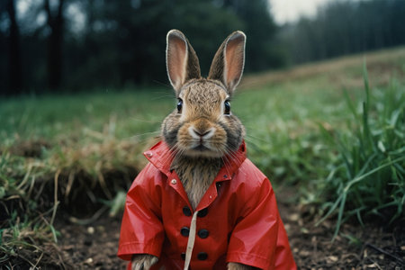 Rabbit in a red raincoat on the background of a fieldの素材