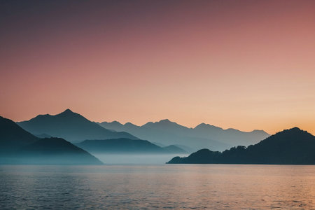 Mountains and sea at sunset. Landscape of mountains and seaの素材