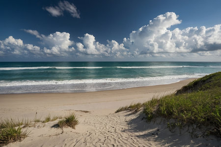 Beautiful seascape with blue sky, white clouds and sand dunes.の素材