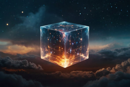 Futuristic cube with glowing light in the night sky. 3D renderingの素材