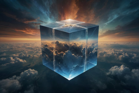 Abstract 3d rendering of a cube in the sky with clouds.の素材