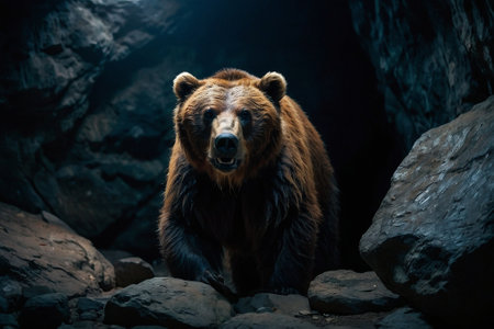 Big brown bear in the dark cave. Wildlife scene from nature.の素材