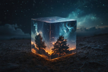 Fantasy landscape with a frozen forest in a cube. 3d renderingの素材