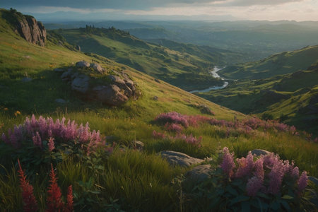 Beautiful sunset in the mountains with pink flowers in the foreground.の素材