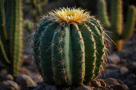 Cactus in the Desert with a Yellow Flower Blooming in the Middleの素材